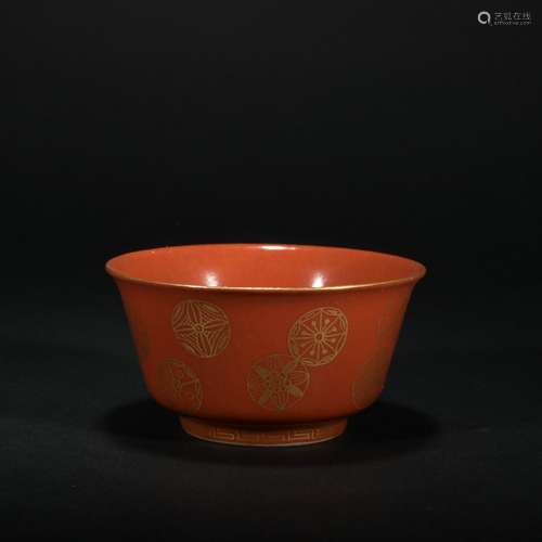 Chinese Gold-traced Coral Red Teacup