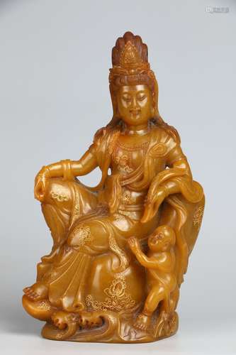 Gold-traced Shoushan Tianhuang Stone Avalokitesvara