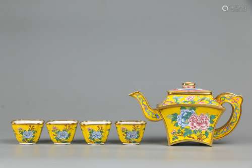 A Set of Gilt Copper Bodied Enamel Teapot and Teacups