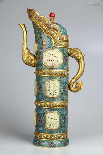 Gilt Copper Bodied Filigree Enamel Pot with Hetian Jade Inla...