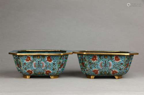 A Pair of Filigree Enamel Gilt Copper Bodied Flowerpots