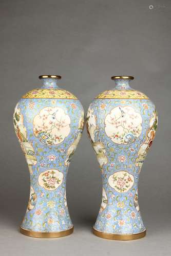 A Pair of Copper Bodied Enamel Vases