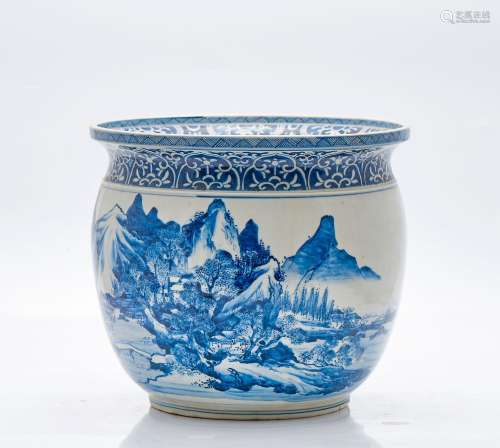 Cache-pot, porcelaine bleue et blanche peinte et émaillée