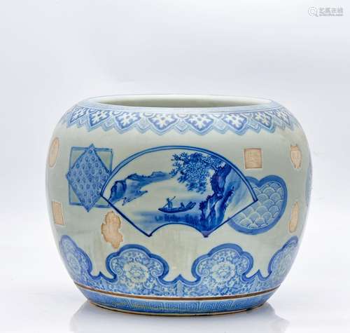 Cache-pot, porcelaine bleue et blanche peinte et émaillée