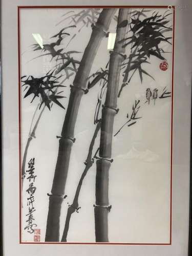 Lavis d'encre sur papier représentant des bambous, un co...