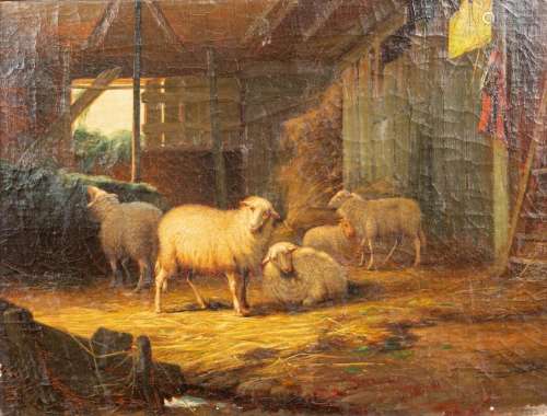 Jef Louis VAN LEEMPUTTEN (1865-1948) 'Sheep in the barn&...