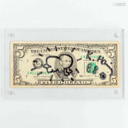 Keith HARING (1958-1990) Signed Five dollar bill (1988). (15...