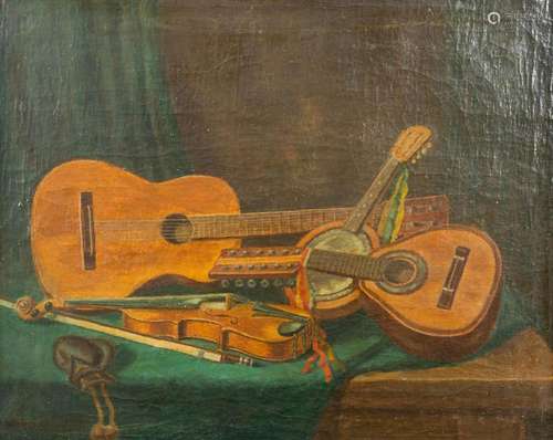 No signature found, a painting of musical instruments, oil o...