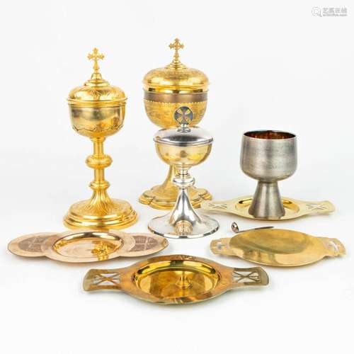 A collection of 3 ciboria, a chalice and 4 patens/trays. (H:...