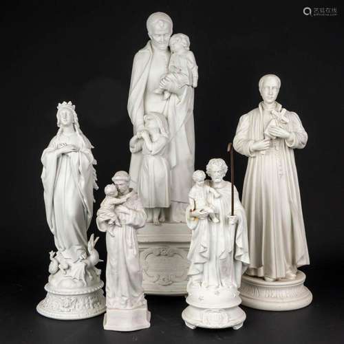 A collection of 5 statues of holy figurines made of white bi...