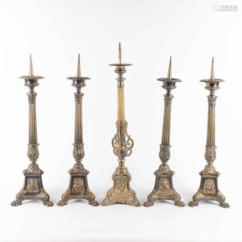 A collection of 5 church candlesticks made of silver-plated ...