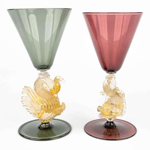 A pair of Venetian Goblets with a stem of a swan and fish, m...