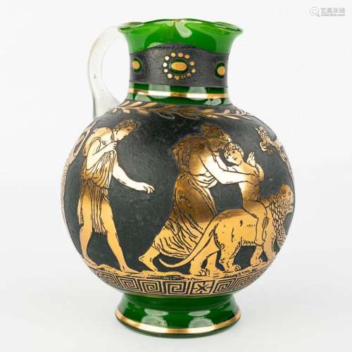A vase made of green glass with an etched Roman scène. (H:19...