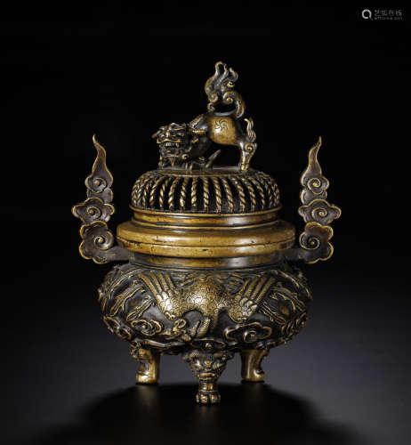 十八世紀 銅刻雲鶴紋三足爐