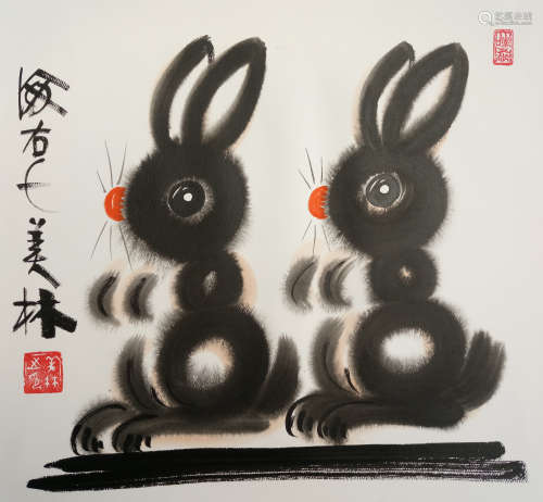 韩美林 兔 设色纸本镜片