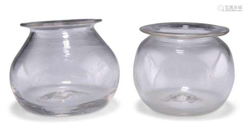 TWO 19TH CENTURY GLASS BLOODLETTING OR CUPPING CUPS, of squa...