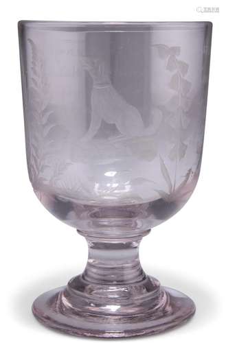 A 19TH CENTURY GLASS RUMMER, engraved with a seated dog and ...