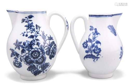 TWO WORCESTER BLUE AND WHITE SPARROW-BEAK JUGS, each decorat...