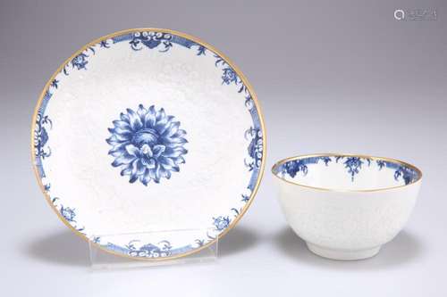 A WORCESTER BLUE AND WHITE TEA BOWL AND SAUCER, CIRCA 1765-7...