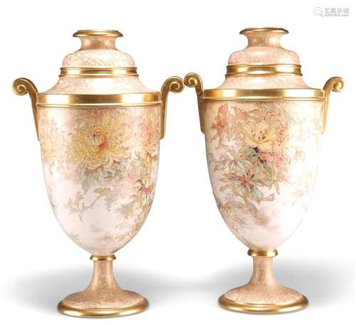 A PAIR OF DOULTON BURSLEM VASES, urn form with gilt scroll h...