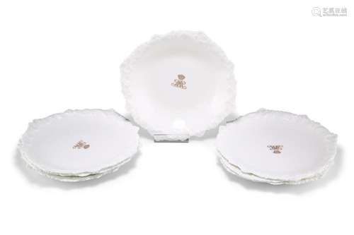 SIX CAULDON CHINA CRESTED DESSERT PLATES AND A DISH, CIRCA 1...