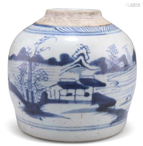 AN 18TH CENTURY CHINESE BLUE AND WHITE GINGER JAR, underglaz...