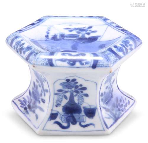 A KANGXI-STYLE BLUE AND WHITE TABLE SALT, of waisted hexagon...