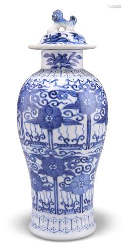 A CHINESE BLUE AND WHITE VASE AND COVER, 19TH CENTURY, of ba...