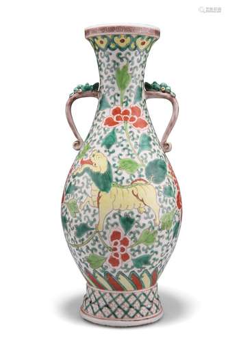 A CHINESE FAMILLE VERTE TWO-HANDLED VASE, of baluster form, ...