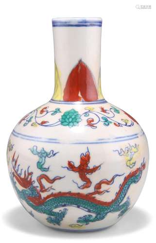 A CHINESE WUCAI 'DRAGON' VASE, of globe and shaft fo...