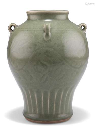 A CHINESE CELADON VASE, of baluster form with four loops to ...