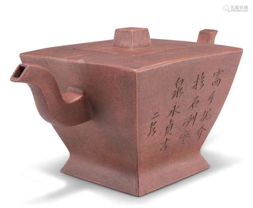 A CHINESE YIXING TEAPOT, of tapering square section, incised...