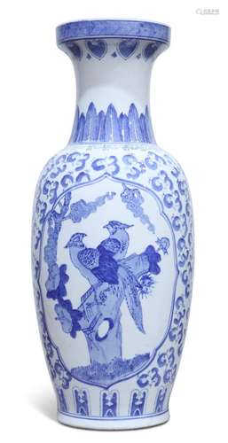 A CHINESE LARGE BLUE AND WHITE VASE, painted with birds, lot...