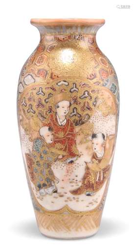 A JAPANESE SATSUMA SMALL VASE, of baluster form, painted wit...