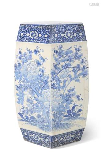 A CHINESE BLUE AND WHITE GARDEN SEAT, of hexagonal-section b...