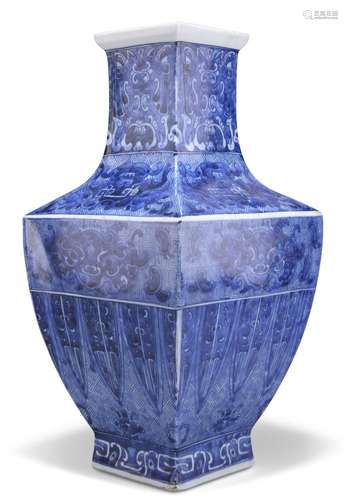 A CHINESE LARGE BLUE AND WHITE VASE, of shouldered square-se...