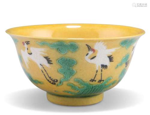 A CHINESE YELLOW-GROUND BOWL, circular, painted with cranes ...