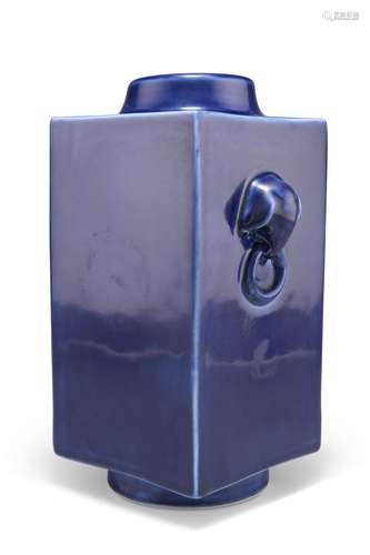 A CHINESE BLUE-GLAZED CONG-FORM VASE, the sturdily potted sq...