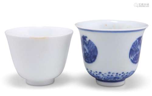 TWO CHINESE WINE CUPS, the first blue painted with three pho...