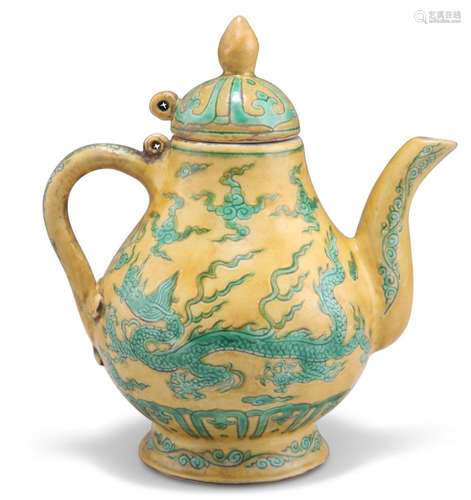 A CHINESE YELLOW-GROUND TEAPOT, green painted with two drago...