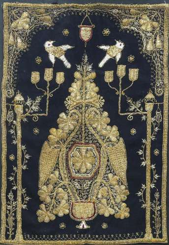 AN INDO-PERSIAN EMBROIDERED PANEL, depicting the tree of lif...