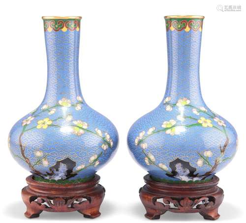 A PAIR OF CHINESE CLOISONNÉ BOTTLE VASES, decorated with bou...