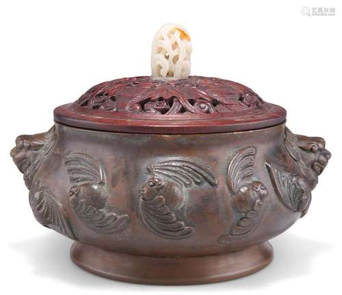 A CHINESE LARGE BRONZE AND JADE CENSER, 19TH CENTURY, the pi...