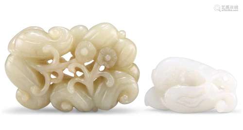 TWO CHINESE JADE CARVINGS, one depicting fruits and flowers,...