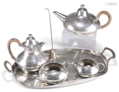 A PEWTER FIVE-PIECE TEA SERVICE, by W&Co Homeland, compr...