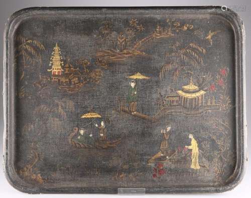 A LARGE 19TH CENTURY CHINOISERIE TRAY, rounded rectangular f...