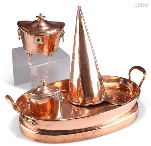 A GROUP OF ANTIQUE COPPER, including harvest jug, swing-hand...