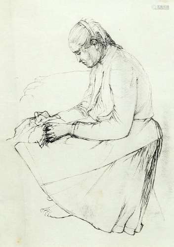 RAYMOND TEAGUE COWERN (1913-1986), GIRL SEWING, inscribed ve...