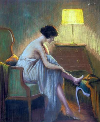 DELPHIN ENJOLRAS (FRENCH, 1857-1945), FEMME AJUSTANT SON BAS...