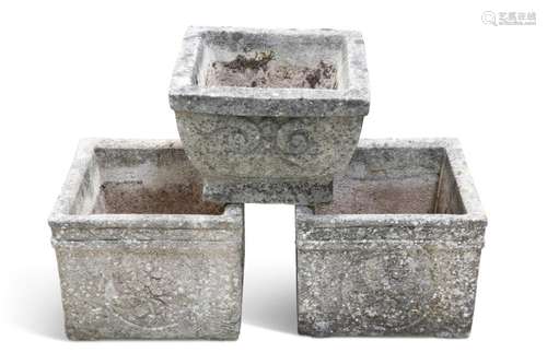 THREE COMPOSITE STONE PLANTERS, comprising a pair of square-...